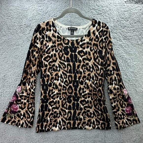 INC XL Animal Print Top Embroidered Floral Design on Bell Sleeves Fabulous Fun - Picture 1 of 10